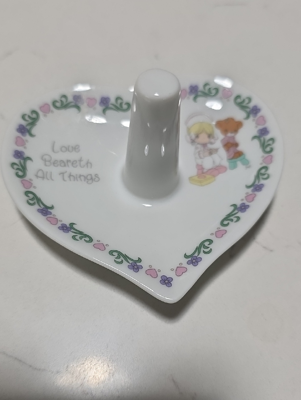 Precious Moments Heart-Shaped Porcelain Ring Holder with Floral Border